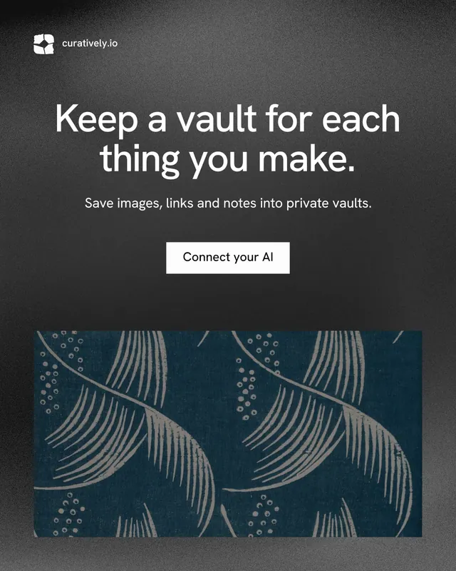 Instagram portrait post for Curatively: "Keep a vault for each thing you make." Swiss style, centred layout, dark palette in grey, black, blue.