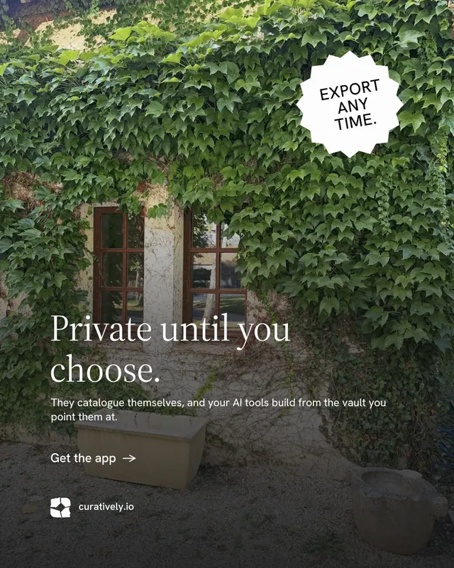 Instagram portrait post for Curatively: "Private until you choose." Minimal luxury style, sticker layout, dark palette in grey, black, green.