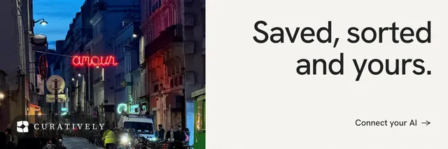 X header for Curatively: "Saved, sorted and yours." Minimal luxury style, right layout, light palette in white, purple, grey.