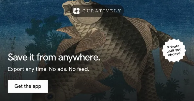 Social ad for Curatively: "Save it from anywhere." Swiss style, sticker layout, dark palette in black, blue, grey.