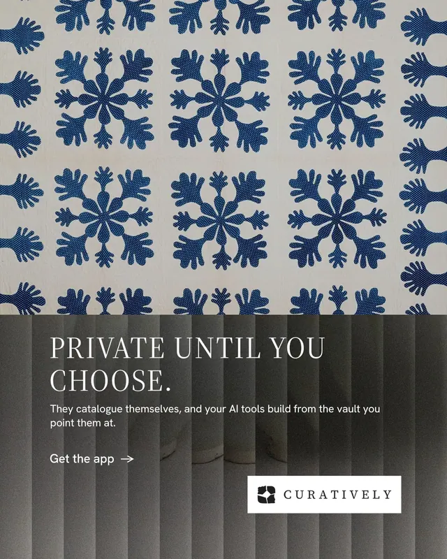Instagram portrait post for Curatively: "Private until you choose." Minimal luxury style, bottom layout, light palette in grey, black.