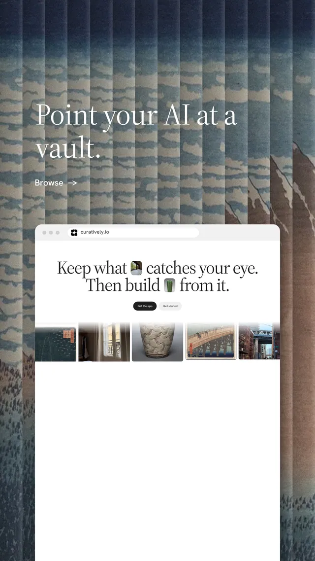 Instagram story for Curatively: "Point your AI at a vault." Minimal luxury style, browser layout, light palette in grey, white.