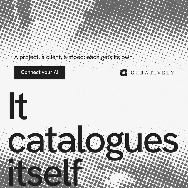 Instagram post for Curatively: "All of it, in one grid." Swiss style, oversized layout, light palette in white, grey.