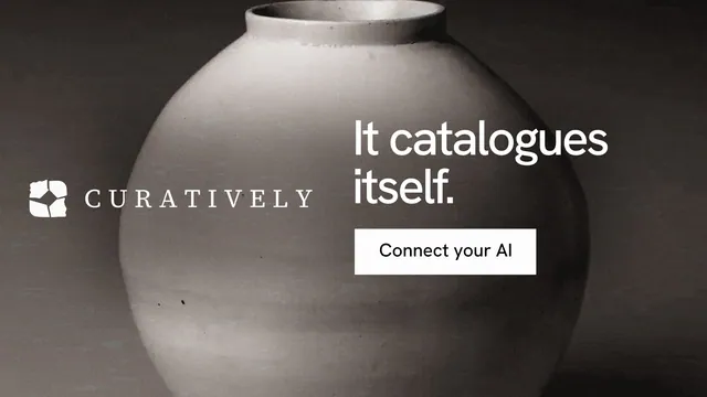 Landscape graphic for Curatively: "It catalogues itself." Swiss style, logo hero layout, dark palette in grey, black.