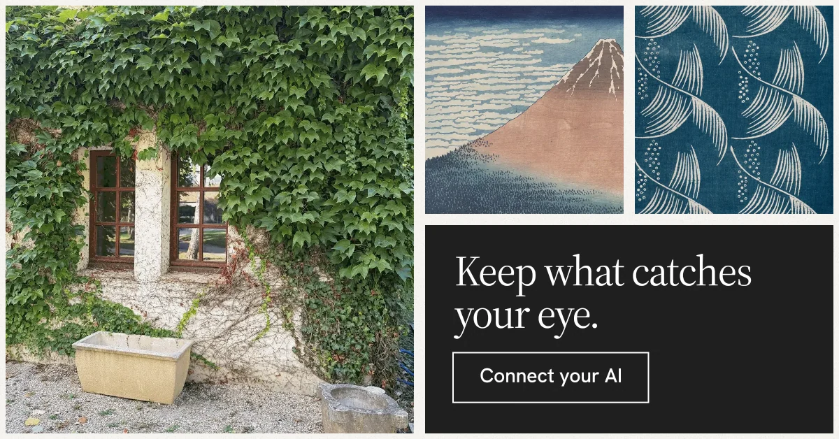 Social ad for Curatively: "Keep what catches your eye." Editorial style, collage layout, dark palette in grey, black, green.