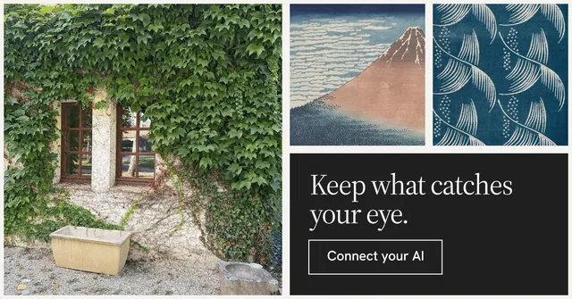 Social ad for Curatively: "Keep what catches your eye." Editorial style, collage layout, dark palette in grey, black, green.