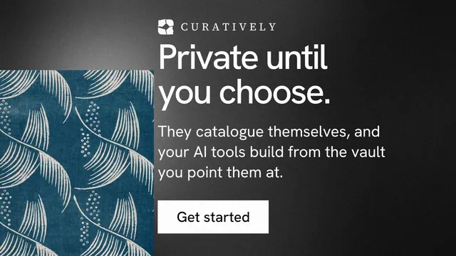 Landscape graphic for Curatively: "Private until you choose." Swiss style, skeleton layout, dark palette in blue, black, grey.