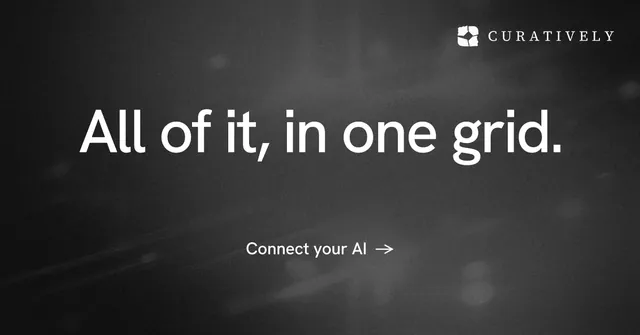 Social ad for Curatively: "All of it, in one grid." Minimal luxury style, centred layout, dark palette in black, grey.