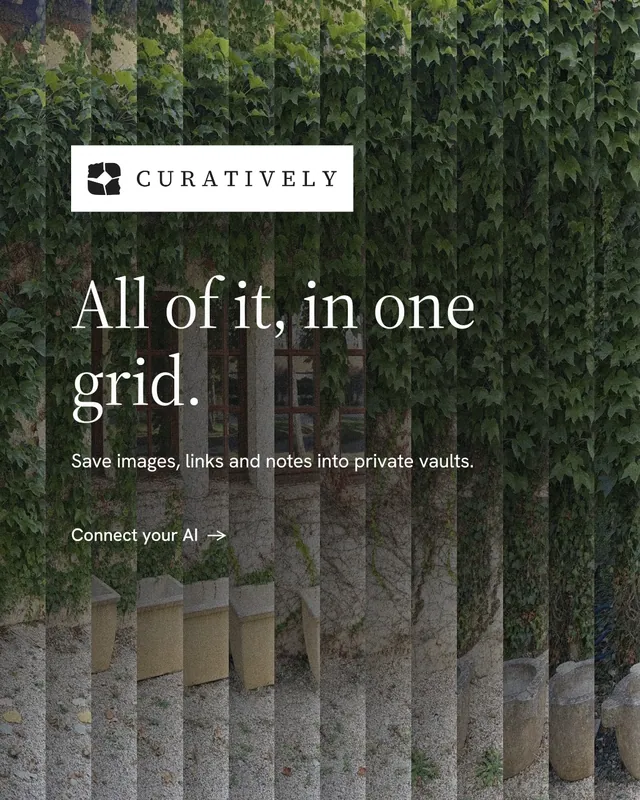 Instagram portrait post for Curatively: "All of it, in one grid." Minimal luxury style, announce layout, dark palette in grey, black.