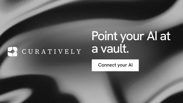Landscape graphic for Curatively: "Point your AI at a vault." Swiss style, logo hero layout, dark palette in black, grey.