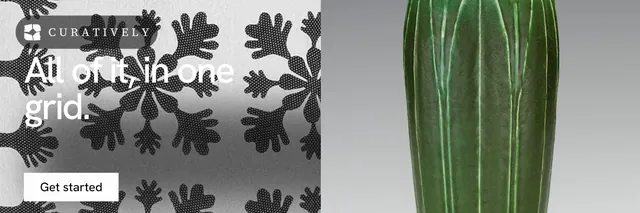 X header for Curatively: "All of it, in one grid." Swiss style, bottom layout, light palette in grey, black, white.