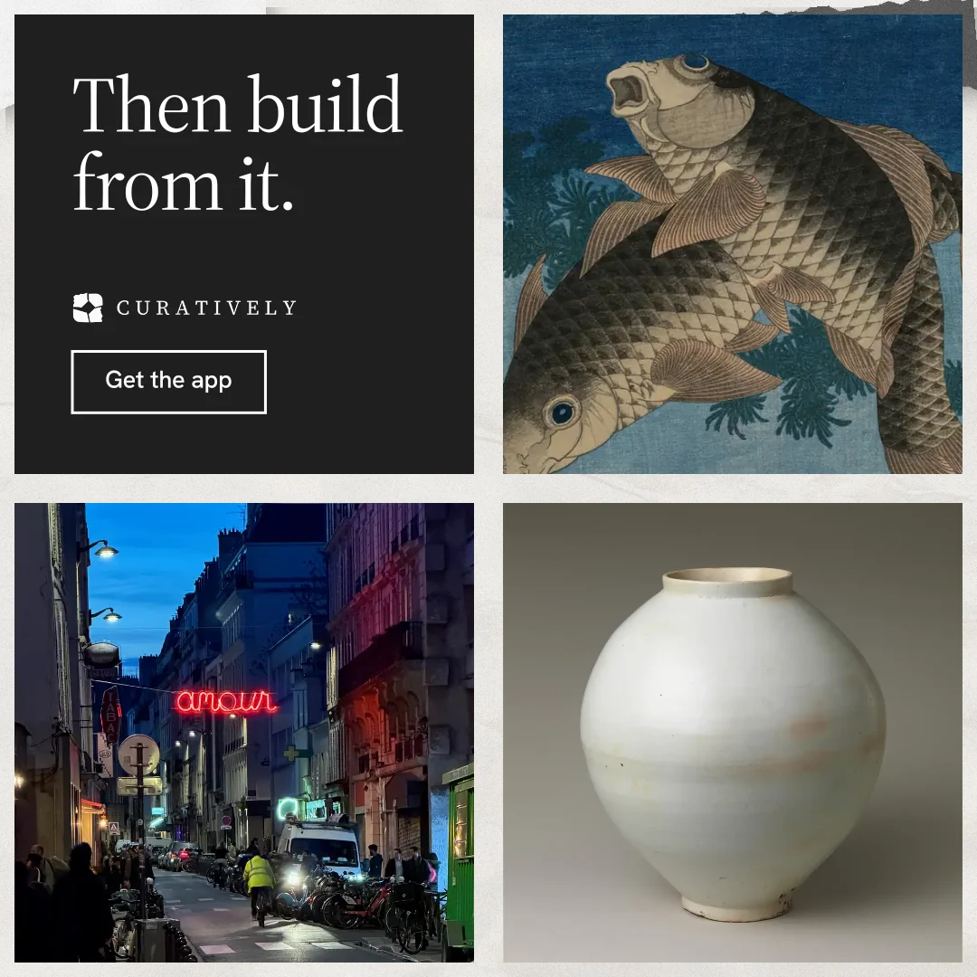 Instagram post for Curatively: "Then build from it." Editorial style, collage layout, dark palette in grey, blue, black.