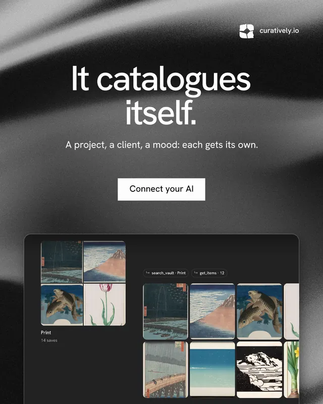 Instagram portrait post for Curatively: "It catalogues itself." Swiss style, centred layout, dark palette in grey, black.
