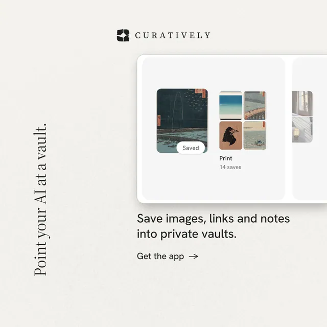 Instagram post for Curatively: "Point your AI at a vault." Minimal luxury style, vertical layout, light palette in white, grey.