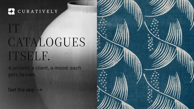Landscape graphic for Curatively: "It catalogues itself." Minimal luxury style, bottom layout, dark palette in blue, grey, black.