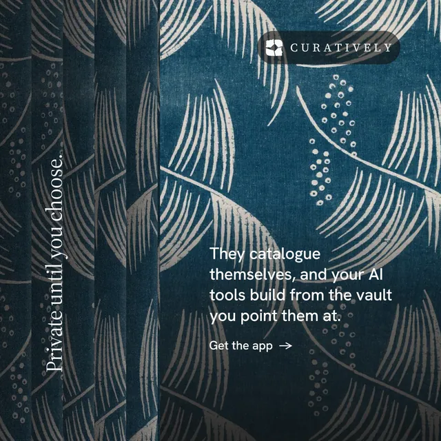 Instagram post for Curatively: "Private until you choose." Minimal luxury style, vertical layout, dark palette in blue, grey.
