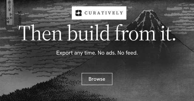 Social ad for Curatively: "Then build from it." Editorial style, centred layout, dark palette in black, grey.
