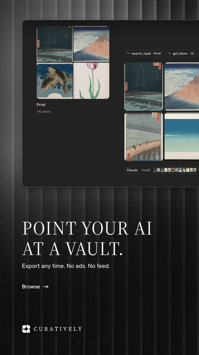 Instagram story for Curatively: "Point your AI at a vault." Minimal luxury style, bottom layout, dark palette in black, grey.