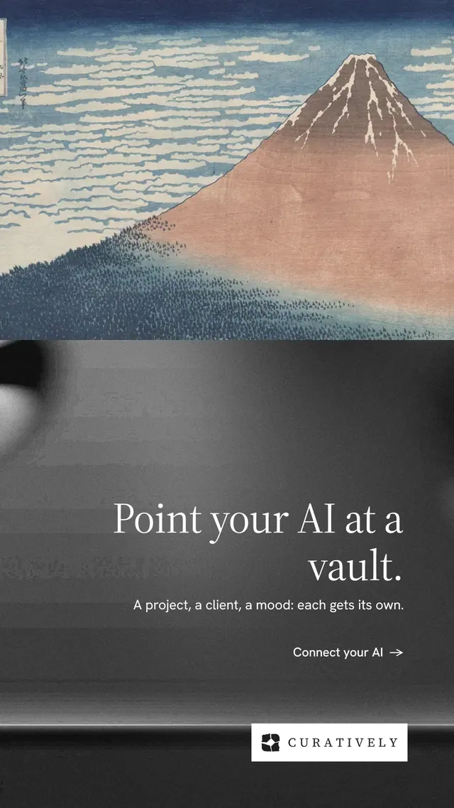 Instagram story for Curatively: "Point your AI at a vault." Minimal luxury style, right layout, dark palette in grey, black.