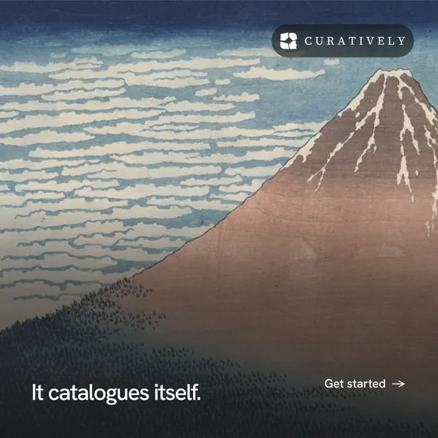 Instagram post for Curatively: "It catalogues itself." Swiss style, image led layout, light palette in black, grey.