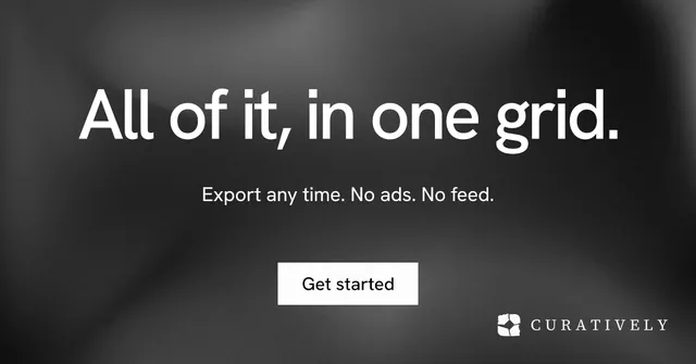 Social ad for Curatively: "All of it, in one grid." Swiss style, centred layout, dark palette in black, grey.
