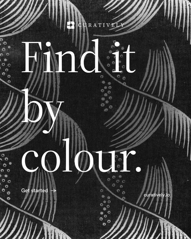 Instagram portrait post for Curatively: "Find it by colour." Minimal luxury style, poster layout, dark palette in grey, black.