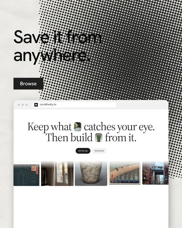 Instagram portrait post for Curatively: "Save it from anywhere." Swiss style, browser layout, light palette in white, grey.