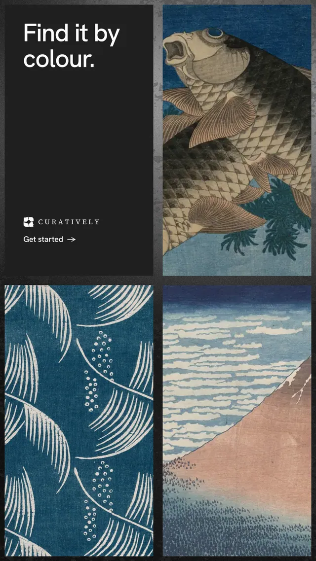 Instagram story for Curatively: "Find it by colour." Minimal luxury style, collage layout, dark palette in black, blue, grey.
