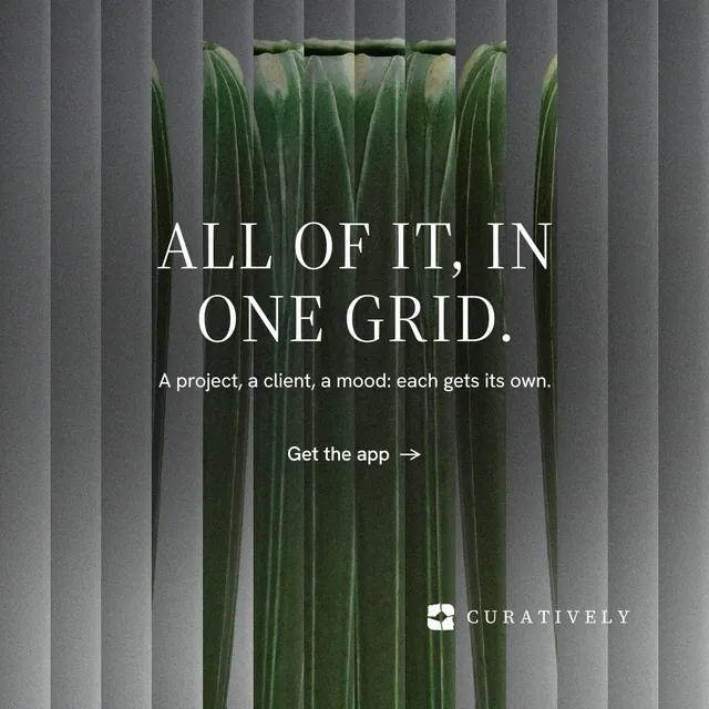 Instagram post for Curatively: "All of it, in one grid." Minimal luxury style, centred layout, dark palette in green, grey.