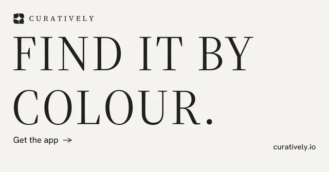 Social ad for Curatively: "Find it by colour." Minimal luxury style, poster layout, light palette in white, grey.
