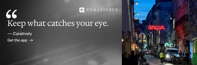 X header for Curatively: "Save it from anywhere." Minimal luxury style, quote layout, dark palette in grey, blue, black.