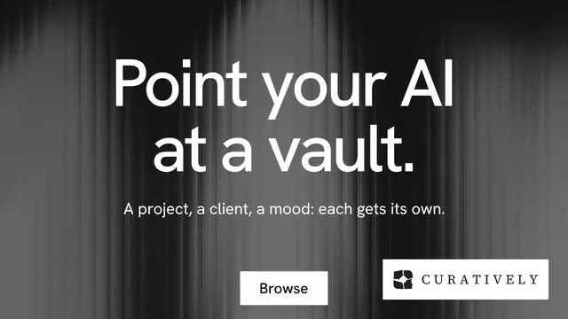 Landscape graphic for Curatively: "Point your AI at a vault." Swiss style, centred layout, dark palette in grey, black.