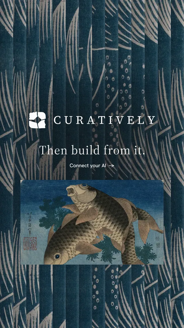 Instagram story for Curatively: "Then build from it." Minimal luxury style, logo hero layout, dark palette in blue, grey.