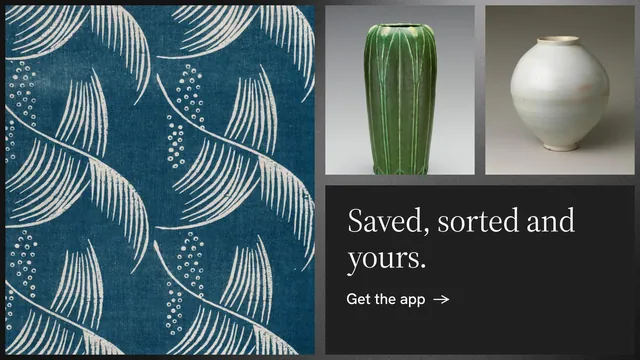 Landscape graphic for Curatively: "Saved, sorted and yours." Minimal luxury style, collage layout, dark palette in blue, black, grey.