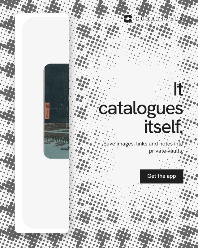 Instagram portrait post for Curatively: "It catalogues itself." Swiss style, right layout, light palette in white, grey.