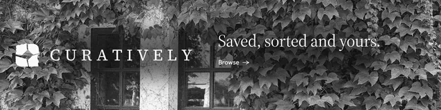 LinkedIn banner for Curatively: "Saved, sorted and yours." Minimal luxury style, logo hero layout, dark palette in grey, black.