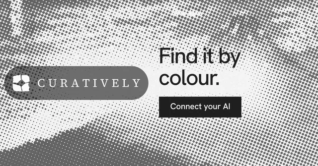 Social ad for Curatively: "Find it by colour." Swiss style, logo hero layout, light palette in grey, white.
