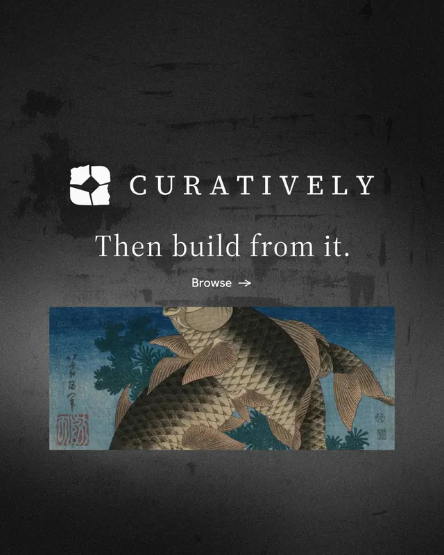 Instagram portrait post for Curatively: "Then build from it." Minimal luxury style, logo hero layout, dark palette in black, grey.