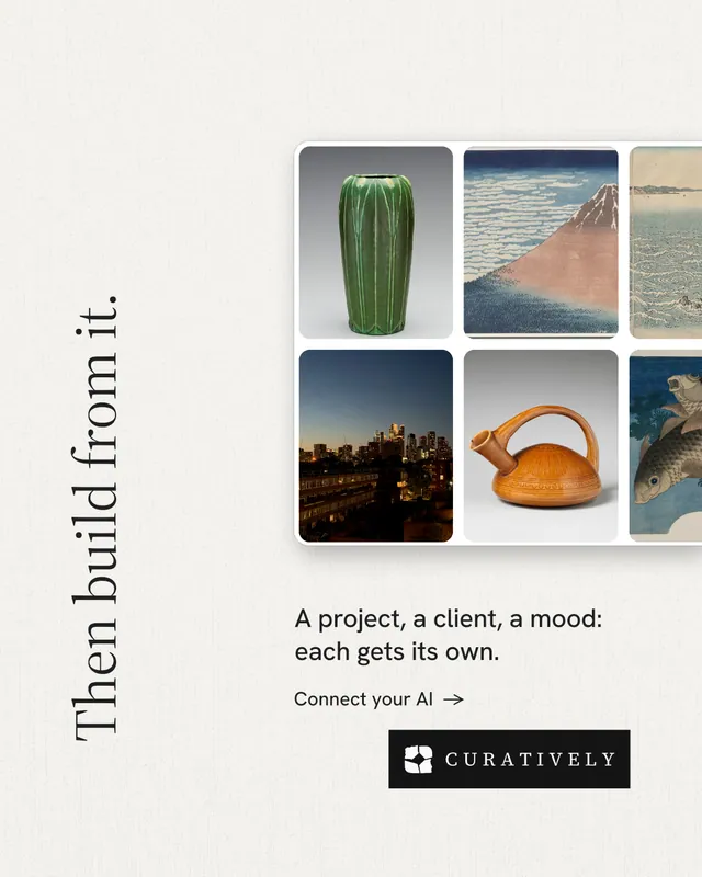 Instagram portrait post for Curatively: "Then build from it." Minimal luxury style, vertical layout, light palette in white, grey.
