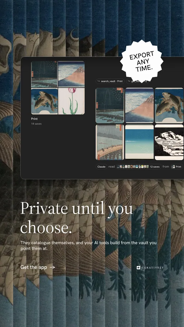 Instagram story for Curatively: "Private until you choose." Minimal luxury style, sticker layout, dark palette in grey, black, blue.