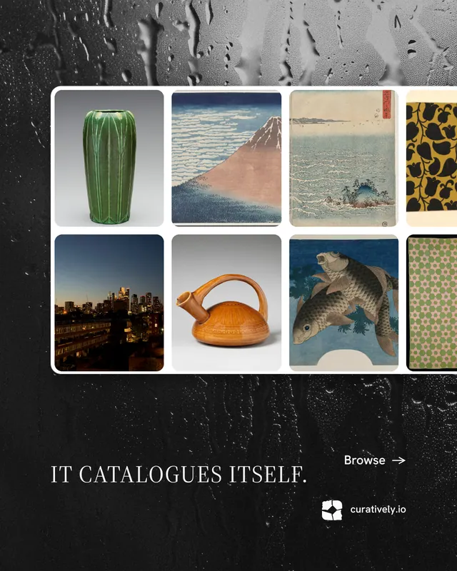Instagram portrait post for Curatively: "It catalogues itself." Minimal luxury style, image led layout, dark palette in grey, black.