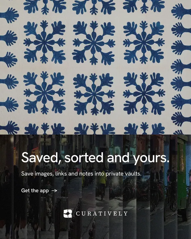 Instagram portrait post for Curatively: "Saved, sorted and yours." Minimal luxury style, bottom layout, dark palette in black, blue, grey.