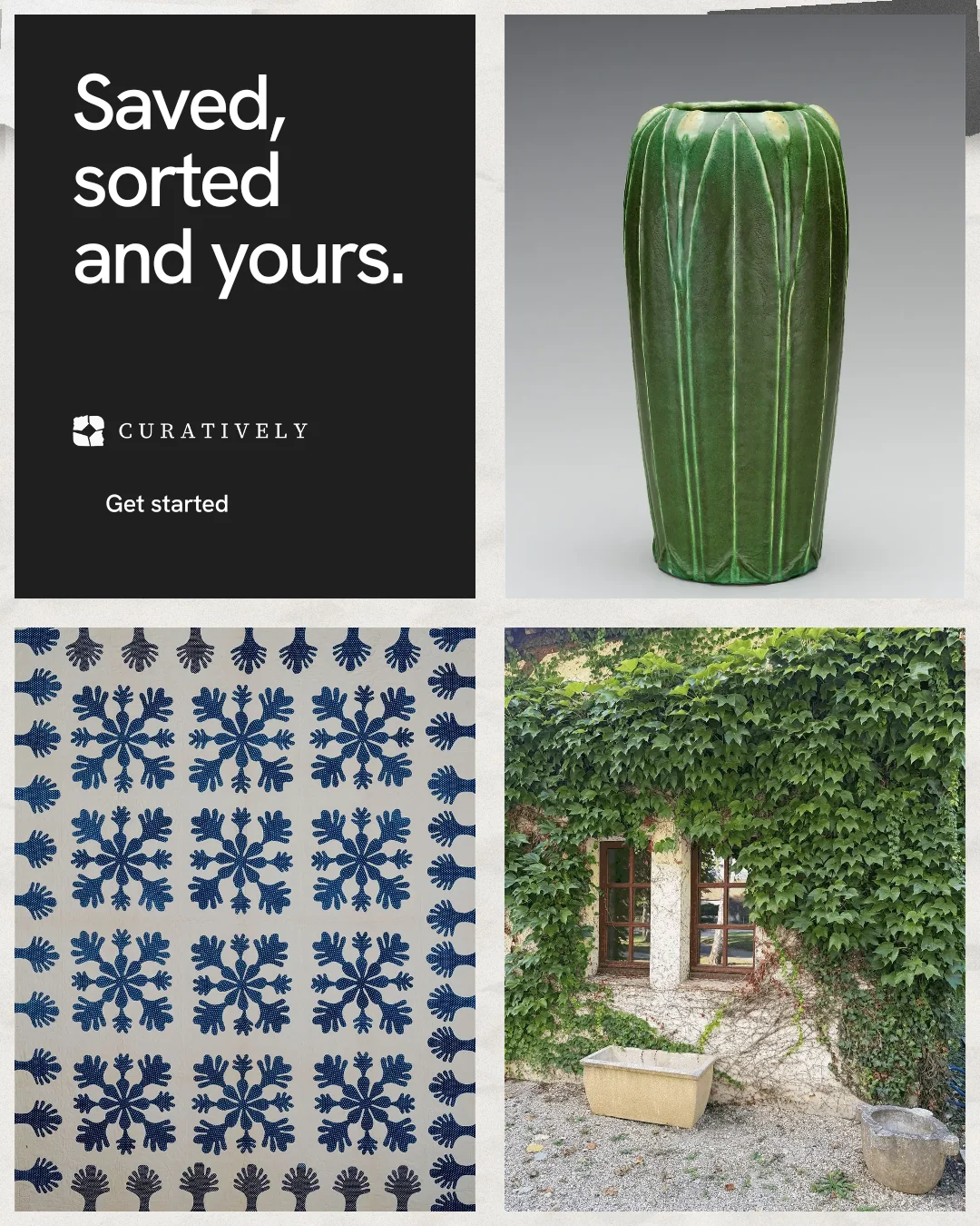 Instagram portrait post for Curatively: "Saved, sorted and yours." Swiss style, collage layout, light palette in grey, black, white.