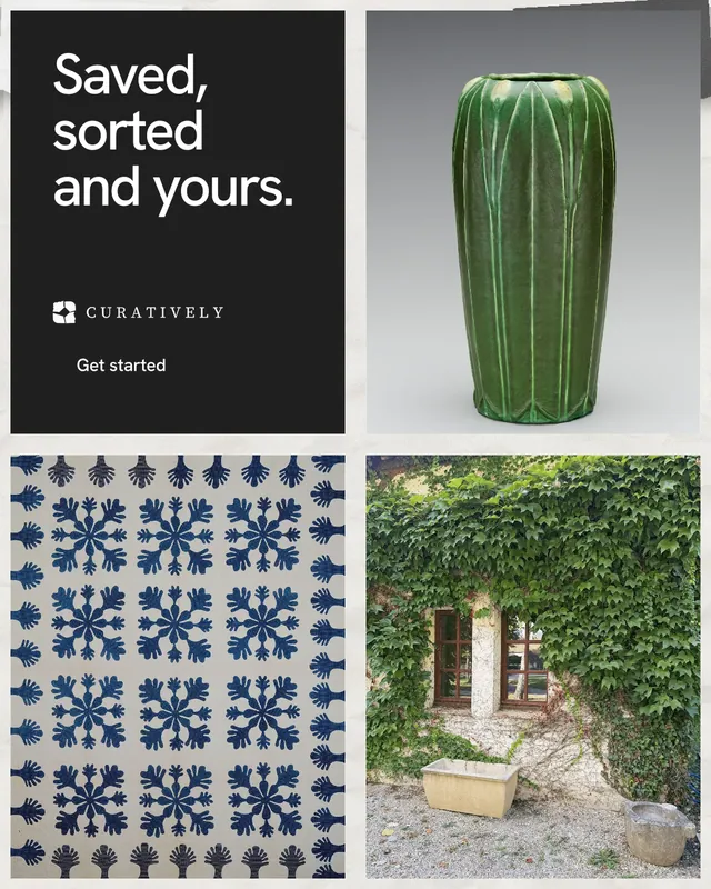 Instagram portrait post for Curatively: "Saved, sorted and yours." Swiss style, collage layout, light palette in grey, black, white.