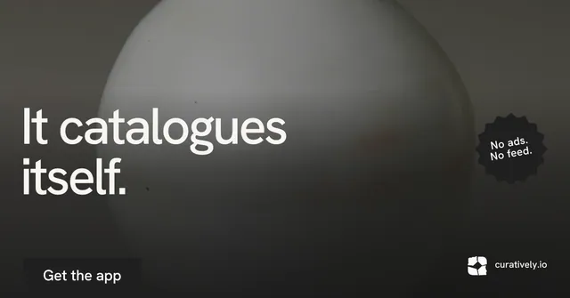 Social ad for Curatively: "It catalogues itself." Swiss style, sticker layout, dark palette in grey, black.