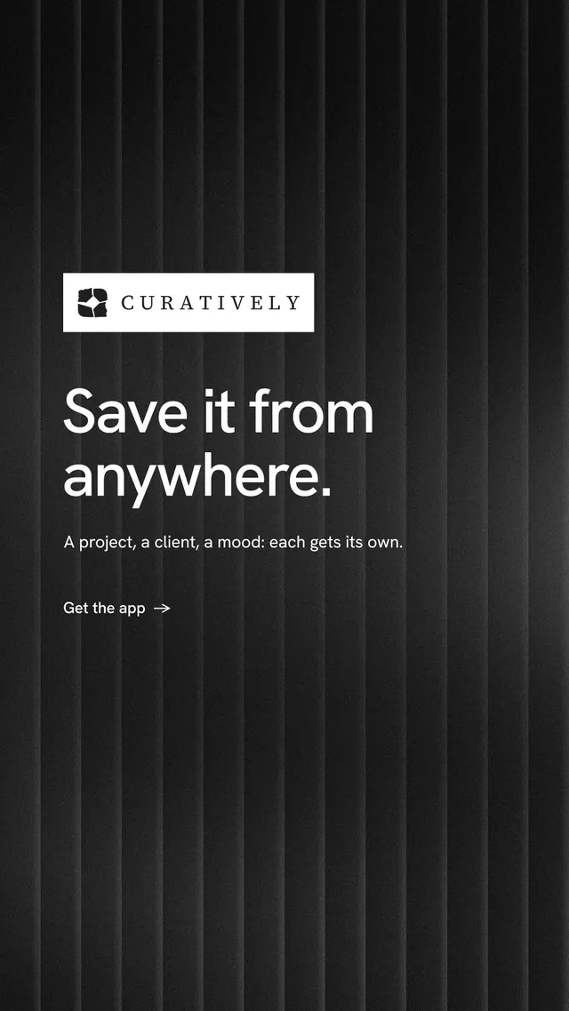 Instagram story for Curatively: "Save it from anywhere." Minimal luxury style, announce layout, dark palette in black, grey.