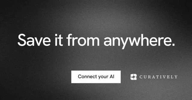 Social ad for Curatively: "Save it from anywhere." Swiss style, centred layout, dark palette in black, grey.