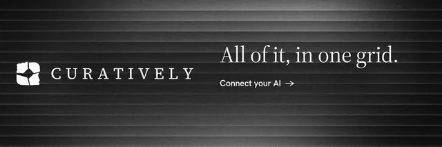X header for Curatively: "All of it, in one grid." Minimal luxury style, logo hero layout, dark palette in black, grey.