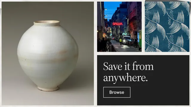Landscape graphic for Curatively: "Save it from anywhere." Editorial style, collage layout, dark palette in grey, blue, white.