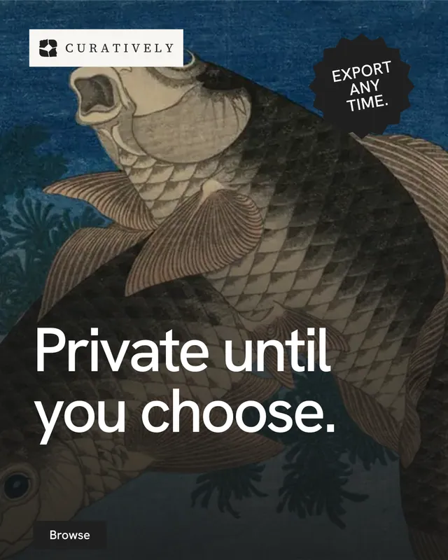 Instagram portrait post for Curatively: "Private until you choose." Swiss style, sticker layout, dark palette in blue, black, grey.
